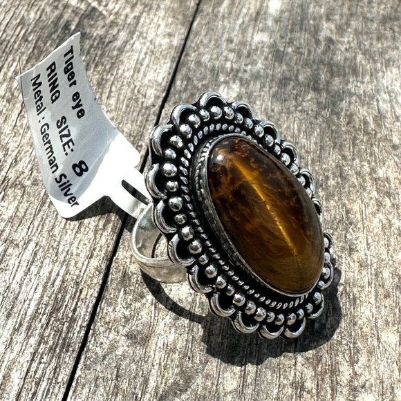 Real Tiger Eye Ring Genuine Gemstone Ornate 1.25 Inch Setting Ring Size 8 - Picture 1 of 8